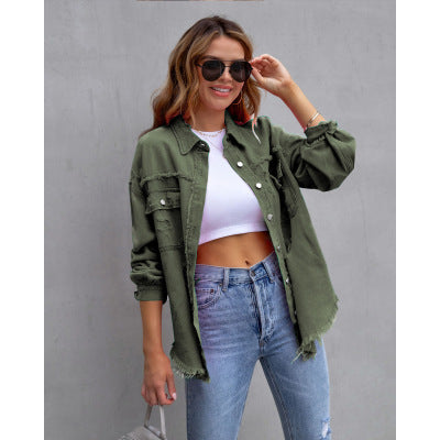 Fashion Ripped Shirt Jacket Female Autumn And Spring Casual Tops Womens Clothing