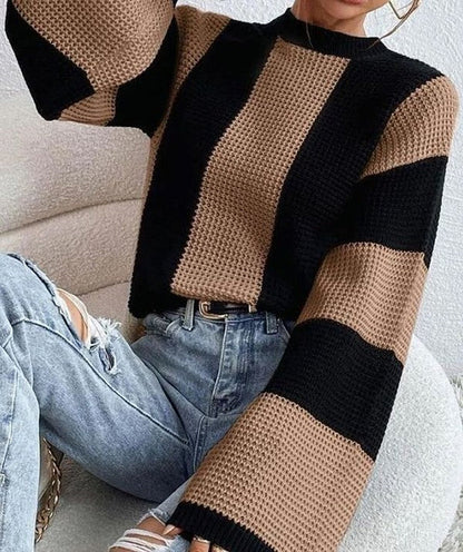 Color block striped bell sleeve sweater