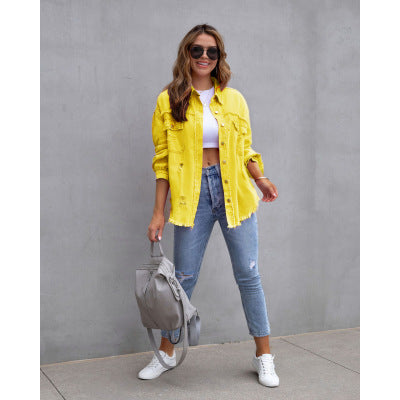 Fashion Ripped Shirt Jacket Female Autumn And Spring Casual Tops Womens Clothing