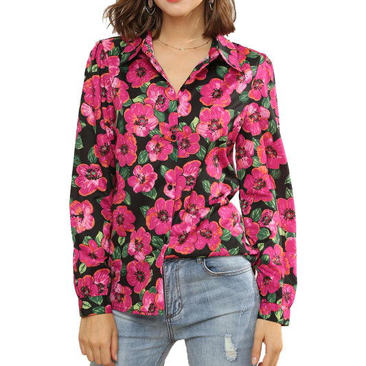 Women's Floral Print V-Neck Long-Sleeved Chiffon Shirt