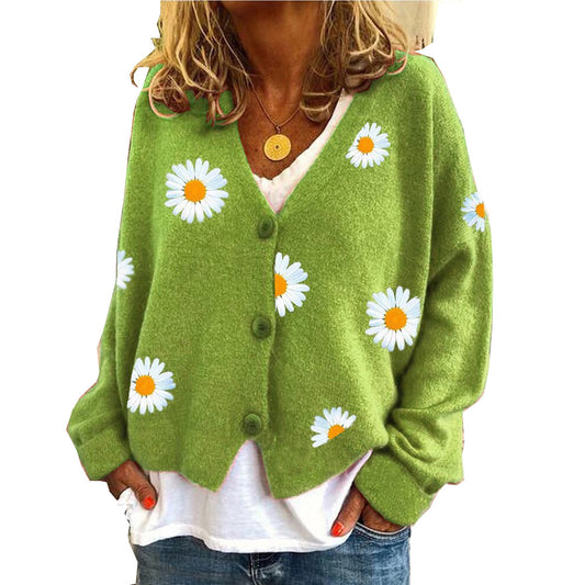 Women's Single Breasted Sweater Chrysanthemum Embroidered Cardigans Coat Clothes