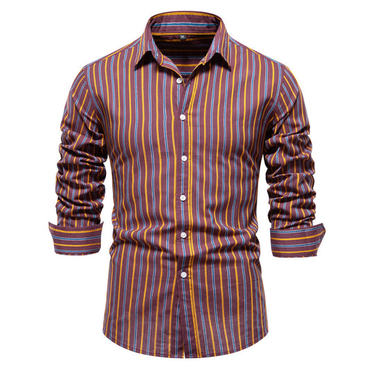 Men's Fashionable All-match Striped Long-sleeved Cotton Shirt Top