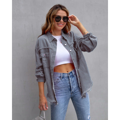 Fashion Ripped Shirt Jacket Female Autumn And Spring Casual Tops Womens Clothing