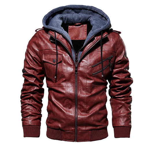 Men's Leather Jacket Men's PU Leather Hooded Jacket