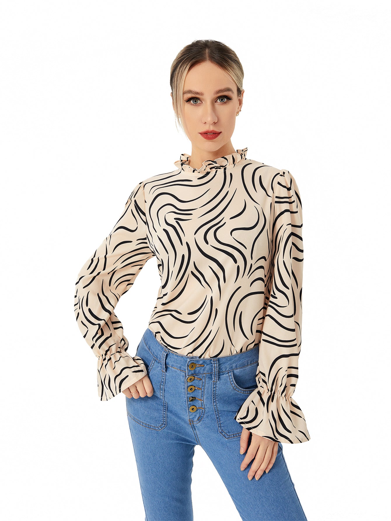 Ladies Graphic Casual Balloon Sleeve Shirt