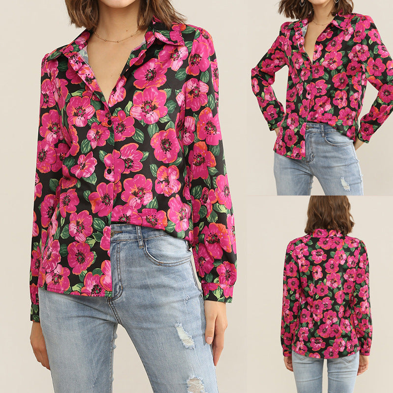 Women's Floral Print V-Neck Long-Sleeved Chiffon Shirt