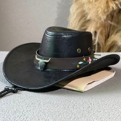 Wide Brim Cow Head Belt Embroidered Western Cowboy Hat Outdoor Tibetan Fedora