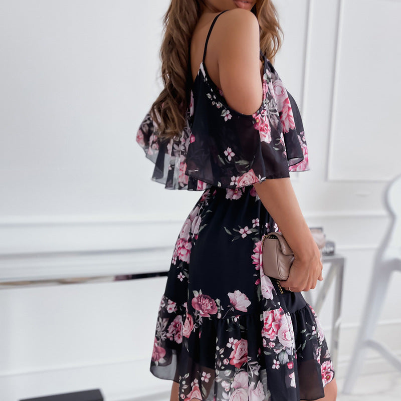 Flower Printed Dress Summer V-neck Stitching Off-the-shoulder Strap Dress