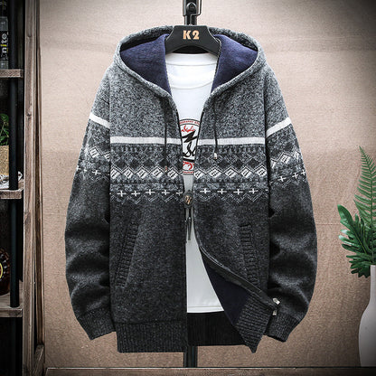 Hooded Cardigan Knitted Thick Plus Fleece Sweater Men