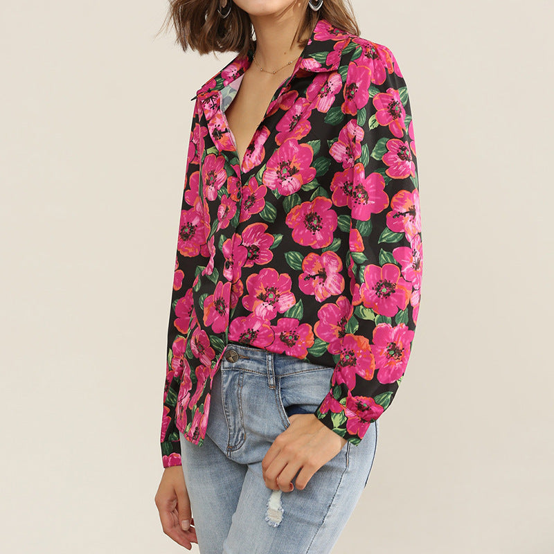 Women's Floral Print V-Neck Long-Sleeved Chiffon Shirt