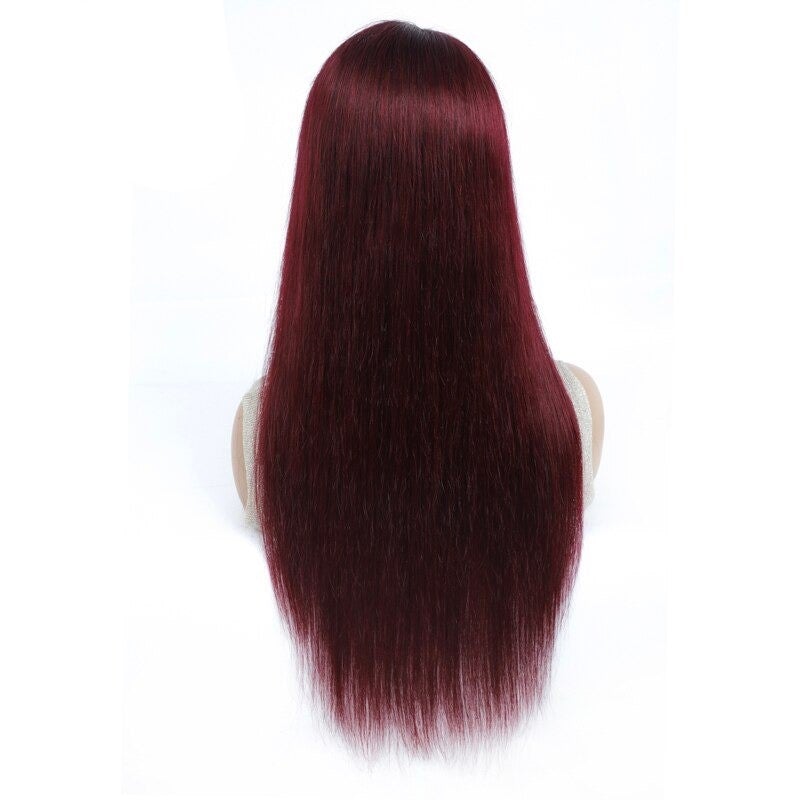 #1B/99J Brazilian Straight Human Hair Wigs with Bangs #99J No Glue Wig