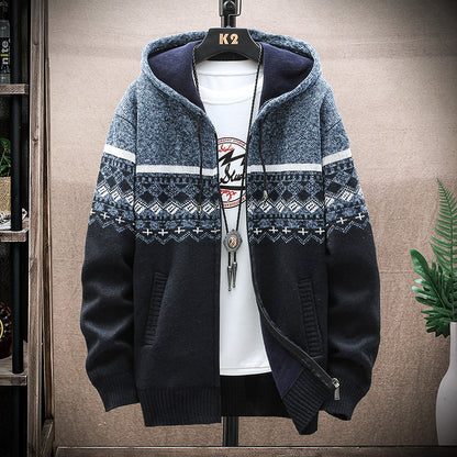 Hooded Cardigan Knitted Thick Plus Fleece Sweater Men