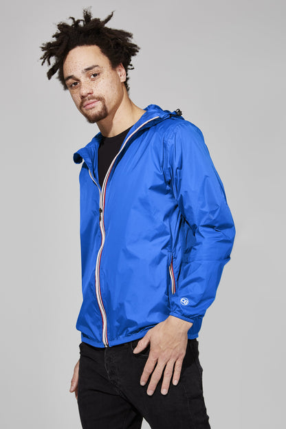 Men's royal blue full zip packable rain jacket and windbreaker