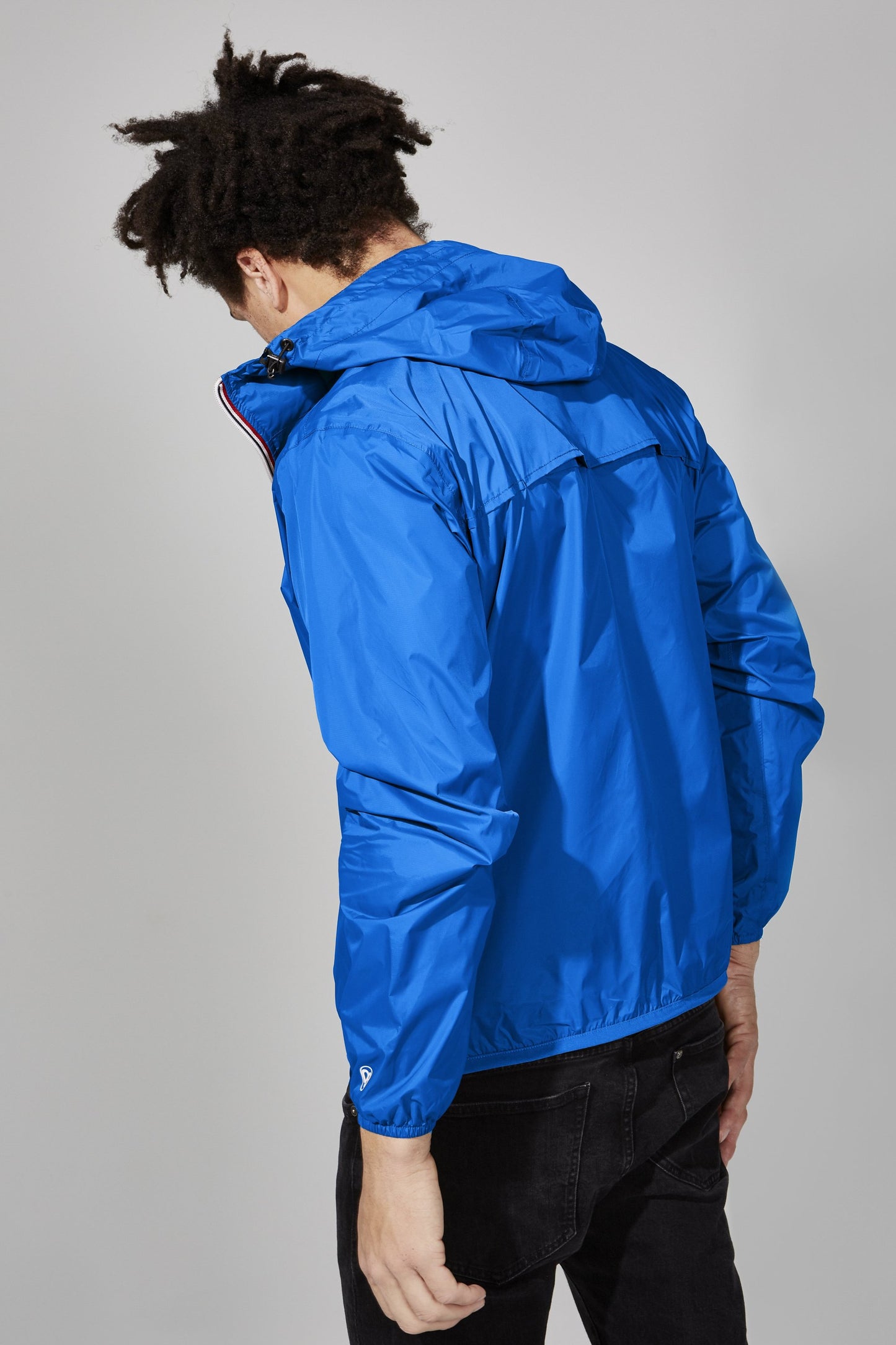 Men's royal blue full zip packable rain jacket and windbreaker