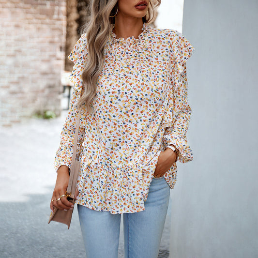 Women's Fashionable Simple Round Neck Floral Shirt Top