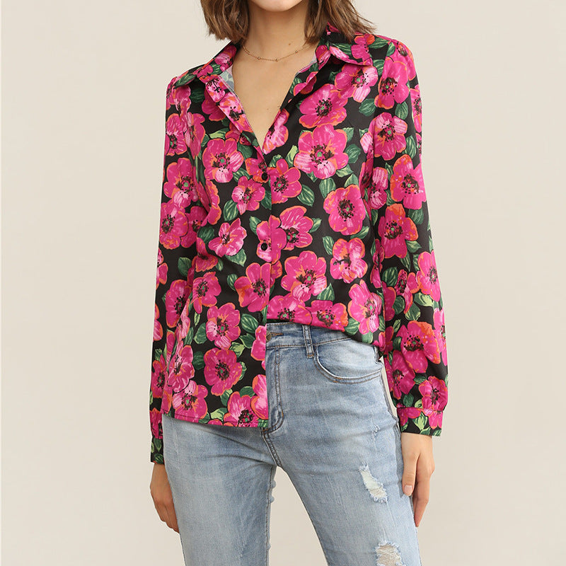 Women's Floral Print V-Neck Long-Sleeved Chiffon Shirt