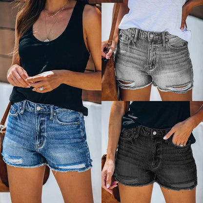 Summer Hole Denim Shorts Female Fringe Jeans