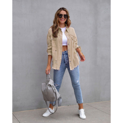 Fashion Ripped Shirt Jacket Female Autumn And Spring Casual Tops Womens Clothing