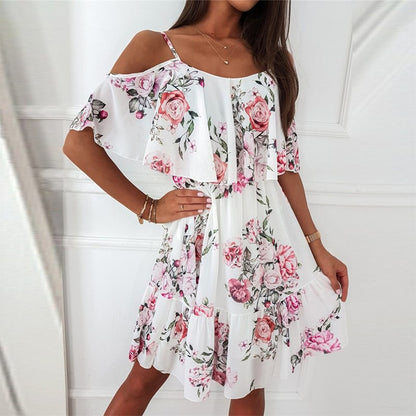 Flower Printed Dress Summer V-neck Stitching Off-the-shoulder Strap Dress