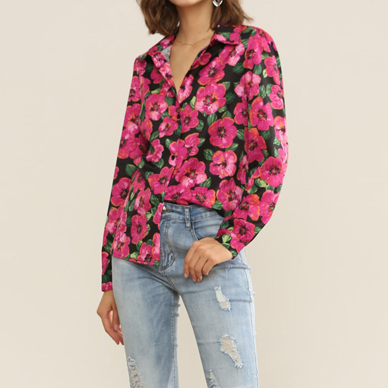 Women's Floral Print V-Neck Long-Sleeved Chiffon Shirt