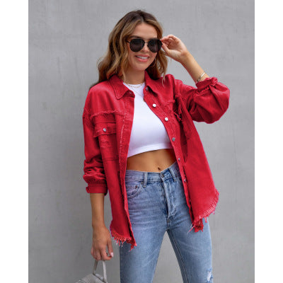 Fashion Ripped Shirt Jacket Female Autumn And Spring Casual Tops Womens Clothing