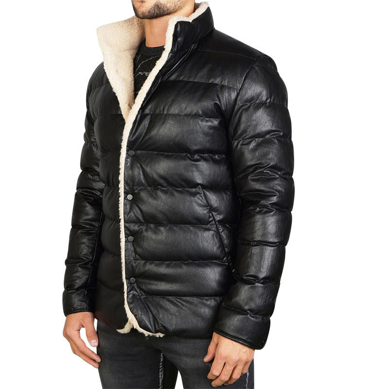 Black PU Leather Puffer Jacket Mid-length Slim-fit Men's Bread Jacket