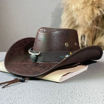Wide Brim Cow Head Belt Embroidered Western Cowboy Hat Outdoor Tibetan Fedora