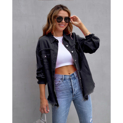 Fashion Ripped Shirt Jacket Female Autumn And Spring Casual Tops Womens Clothing