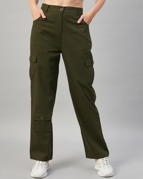 Women's Solid Cotton Cargo Trouser (Size-L) (Color-OLIVE )