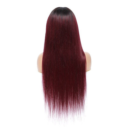 #1B/99J Brazilian Straight Human Hair Wigs with Bangs #99J No Glue Wig