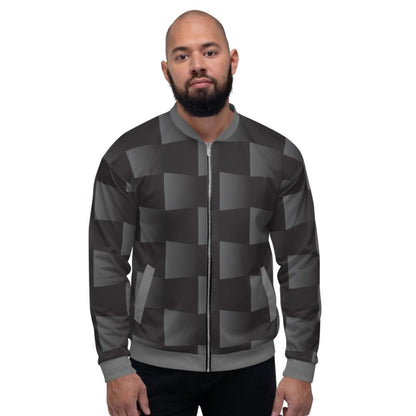 Bomber Jacket for Men, Black and Grey 3d Square Block Pattern